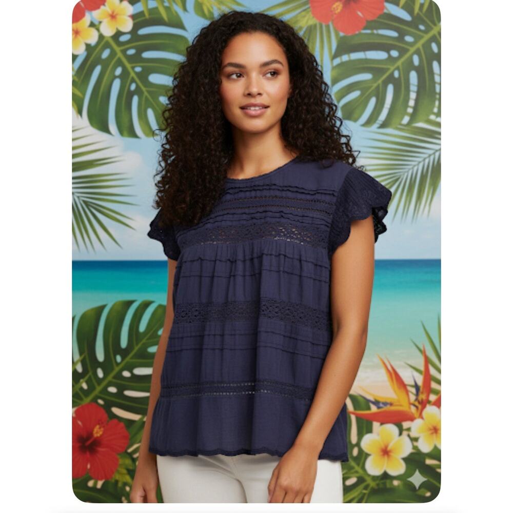 Sundance Aria Embroidered Lace Navy Pintuck Flutter Sleeve Blouse Sz PM Bohemian